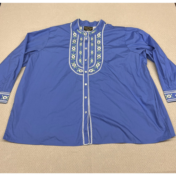 Bob Mackie Top Womens 3x Blue Embroidered Button Down Milk Maid Cottagecore Boho - Picture 1 of 8